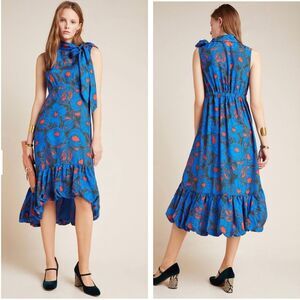 Anthropologie Tracy Reese Evangeline Tie-Neck Blue Floral Midi Dress Size 2 NWT